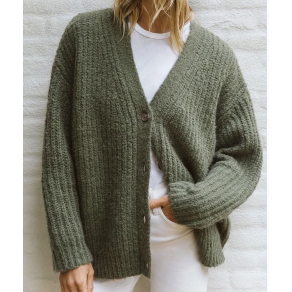 Jenni Kayne Olive Green Chunky Rib Knit Button Cardigan